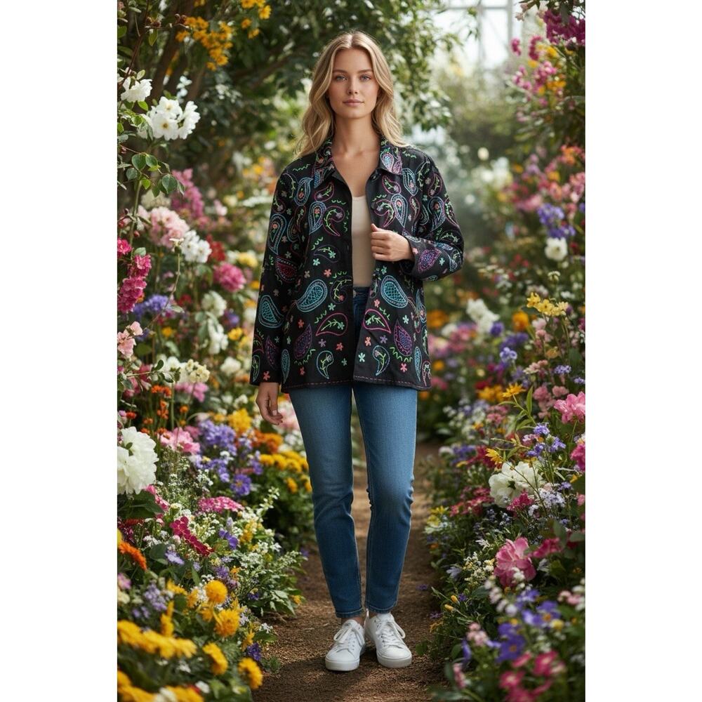 Vintage Units Woman 1X Black Embroidered Paisley Floral All Over Prints Coat